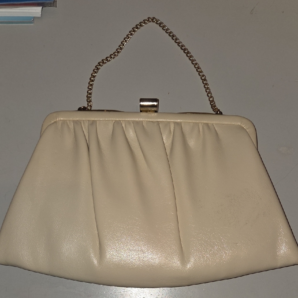 Vintage Ande Cream Pleated Clutch with Gold Chain